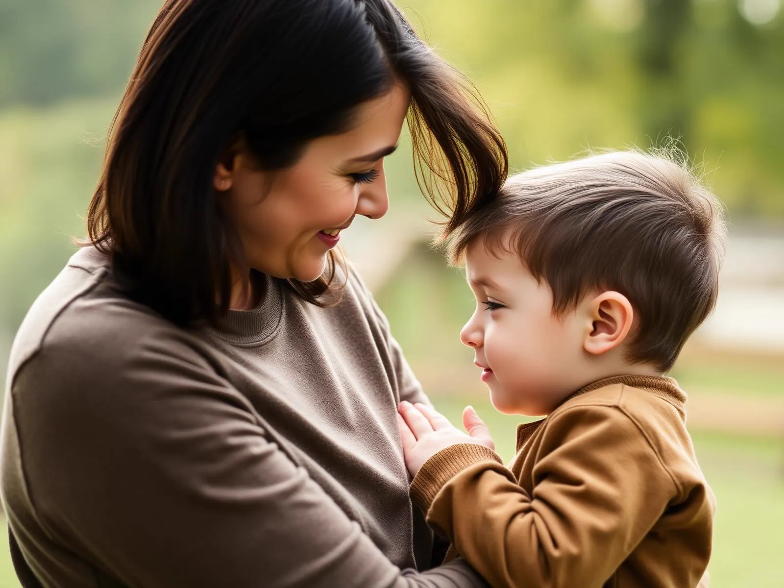 A parent gently connecting with their child in calm, natural light