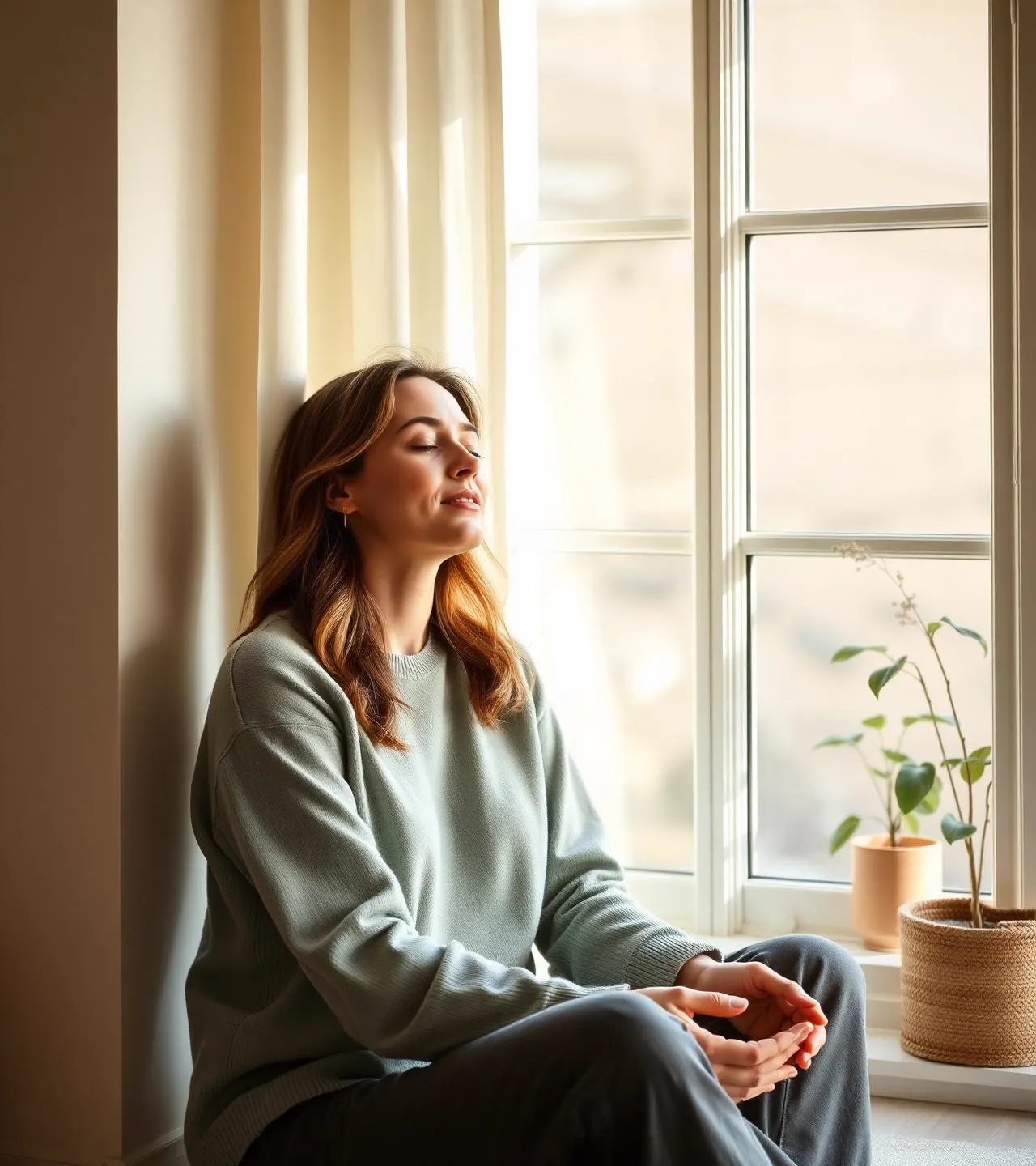 A woman sitting calmly in warm natural light, relaxed and at ease